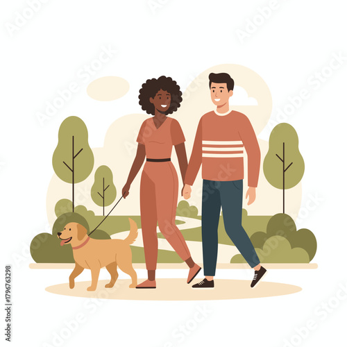 Young couple walking dog together in park during daytime  