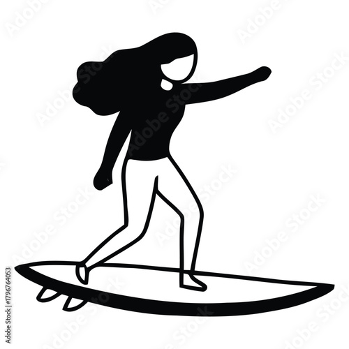 Female Surfer Performing Dynamic Maneuver on Surfboard with Wavy Hair Design