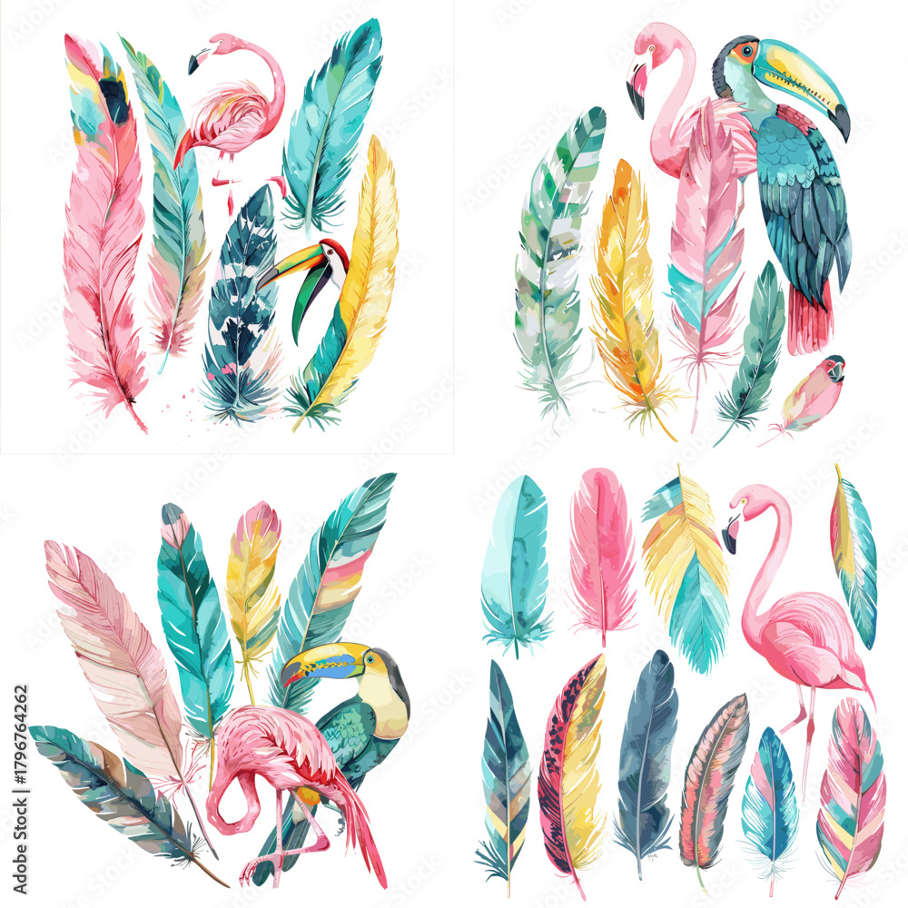 Naklejka premium Vibrant watercolor tropical feathers with flamingo and toucan accents. Exotic jungle palette for summer branding, party graphics, and travel accessories.