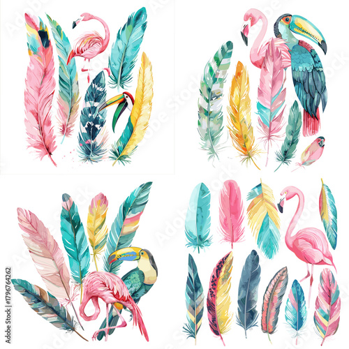 Vibrant watercolor tropical feathers with flamingo and toucan accents. Exotic jungle palette for summer branding, party graphics, and travel accessories.