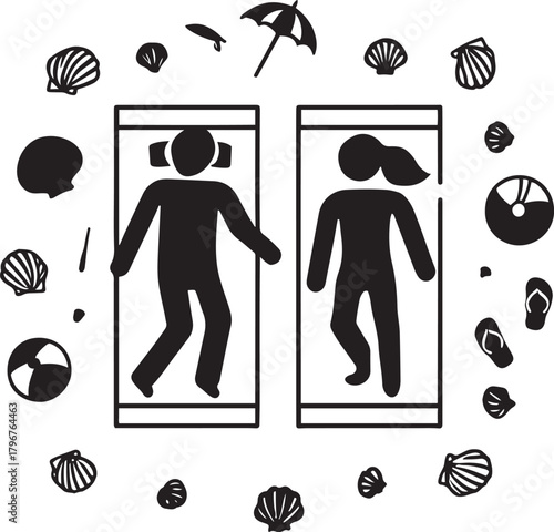 Iconic representation of a couple on a summer beach vacation, relaxing with umbrella, shells, and beach items.