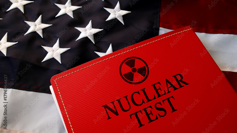 Obraz premium Nuclear Test folder with documents on American Flag