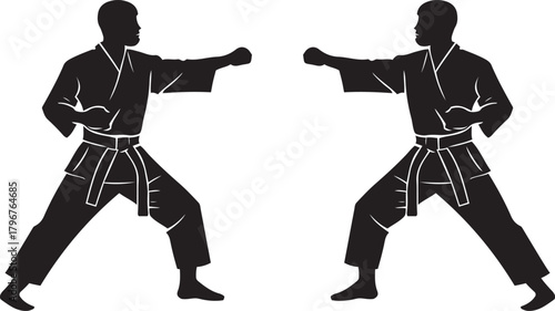 Karate silhouettes facing off in a dynamic combat stance, showcasing martial arts discipline and training vector art