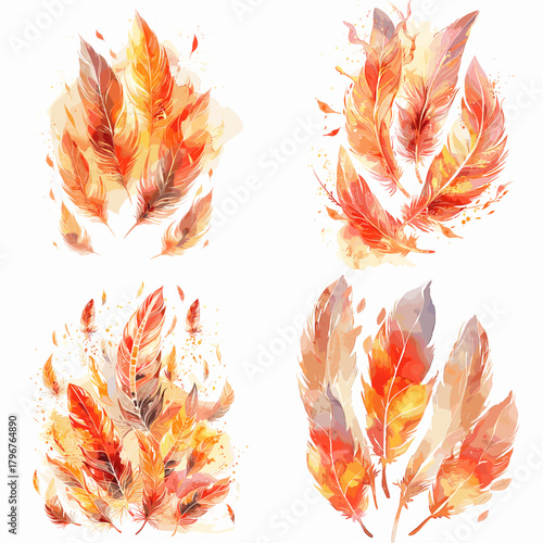 Warm watercolor feathers in autumn tones—orange, amber, and gold arranged in soft clusters. Elegant seasonal boho elements for invitations, decor, and craft design.