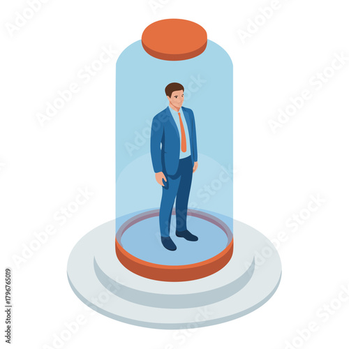 Isometric illustration of a businessman in a suit inside a transparent glass capsule on a platform, representing concepts of isolation, preservation, or display.