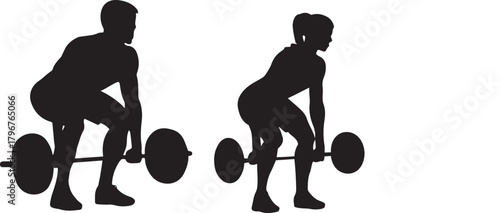 Man and woman silhouettes deadlifting barbells, showcasing strength training, fitness, and gym workout routines.