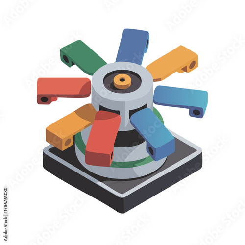Isometric illustration of a colorful rotating mechanism with eight arms on a square base, depicting a data carousel or processing unit.