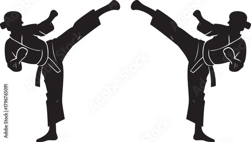 Martial arts high kick silhouette vector illustration. dynamic fighter demonstrating strength and discipline on white.