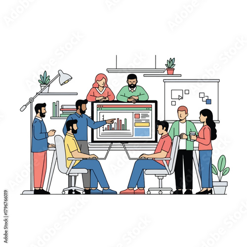 A group of diverse professionals collaborating and analyzing data during a business meeting in an office setting.