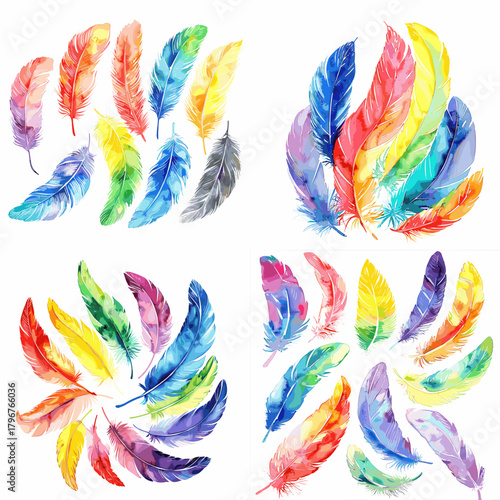 Vibrant watercolor rainbow feathers in circular and flowing arrangements. Bright multicolor plumes for party graphics, boho decor, invitations, and cheerful creative projects.