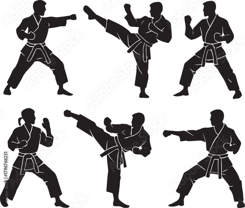 Six dynamic martial arts practitioner silhouettes set vector art design in various karate stances and poses, showing action and combat training 