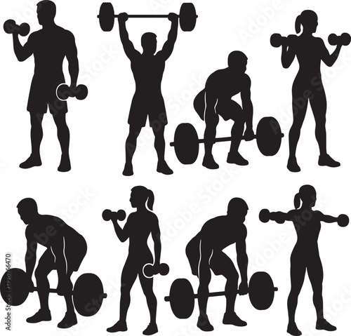 Strength training silhouettes set diverse people performing gym exercises with dumbbells and barbells for workout motivation.
