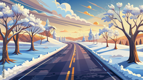 A peaceful straight roadway coated with packed snow and smooth ice, surrounded by bare trees and open fields, reflecting pale sunlight and creating a crisp, minimal winter mood