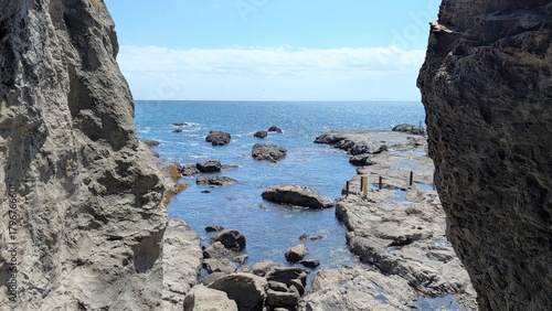 the ocean between rocks in Sunny day