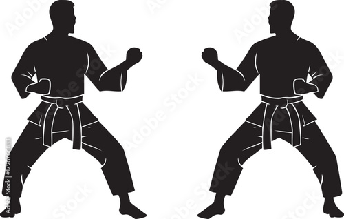 Silhouette of two martial artists in fighting stance, ready for combat or sparring, illustrating discipline and strength in action