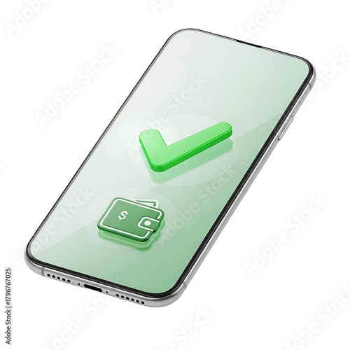 A modern smartphone displaying a green checkmark and a wallet icon, symbolizing successful payment or financial transaction