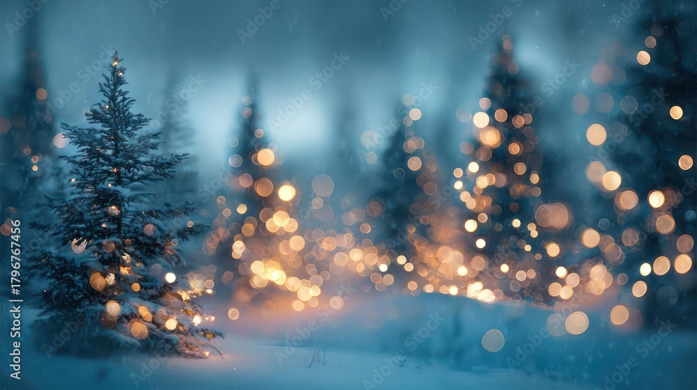 Naklejka premium Enchanting winter forest scene with glowing fairy lights illuminating snow covered evergreen trees at twilight