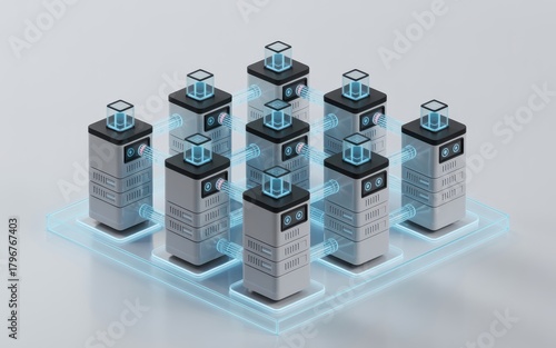 Futuristic Server Farm Architecture with Neon Connections for Cloud Computing and Data Storage Solutions