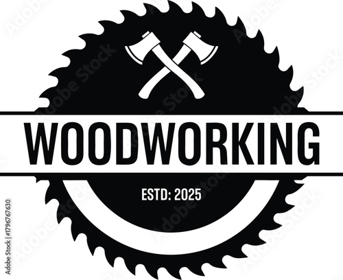 Woodworking logo with crossed axes and saw blade carpentry