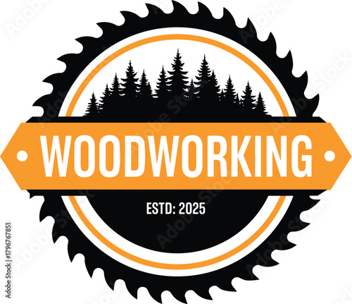 Woodworking text logo with orange circle and banner craft carpentry