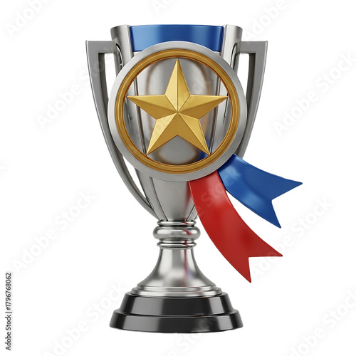 Silver trophy with a gold star and red and blue ribbons, signifying victory, achievement, award, championship, and top performance