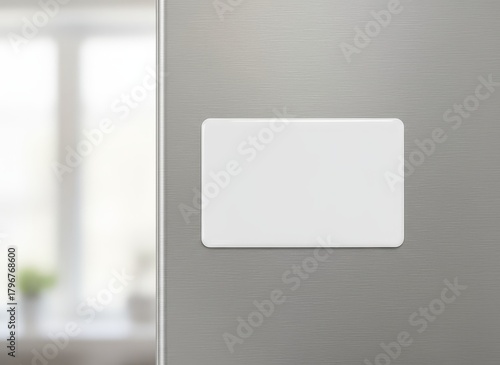 Blank rectangular fridge magnet card on a metallic surface