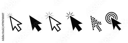 Collection of diverse black mouse cursor icons for web interface, click, pointer, and digital interaction elements, representing online navigation.