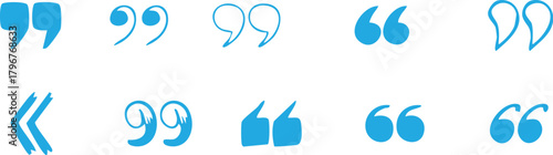 Set of blue quote marks punctuation signs symbols
