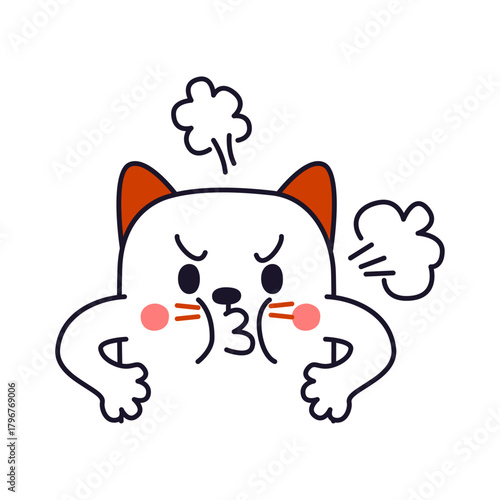 Angry, frustrated cat cartoon character making grumpy face with steam coming from head, isolated on white