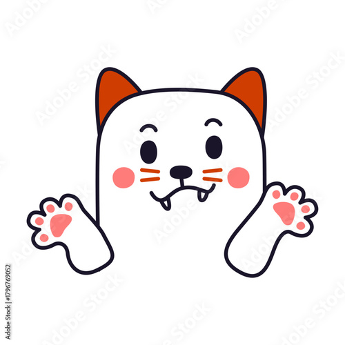 Cute Cartoon White Cat Character with Pink Paws and Red Ears Peeking Out