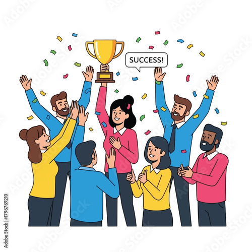 A diverse team celebrating a major achievement with a golden trophy and confetti, symbolizing success and teamwork.