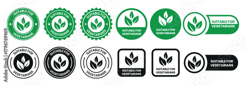 Suitable for Vegetarians stamp sticker with Leaves icon vector illustration. Suitable for Vegetarians sign, logo, badge, icon, sticker, label, emblem, stamp, symbol, black, line, flat vector.