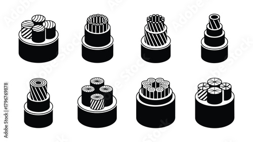 Isometric vector collection displaying various electrical cable cross-sections, showcasing diverse conductor arrangements and protective insulation layers.