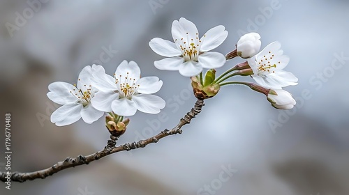 Bright white minimalist macro scene highlighting sakura bloom in smooth focus falloff