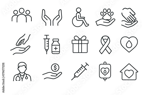 Minimalist charity and healthcare icons highlighting community and medical care