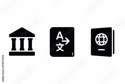 Minimalist icons set museum, translation, passport for travel and education themes