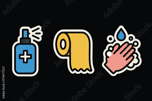 Hygiene essentials stickers sanitizer, toilet paper, hand washing symbols on black