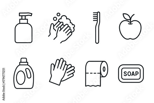 Essential hygiene icons handwashing, soap, toothbrush, and more in simple line art