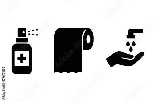 Hygiene essentials symbols hand sanitizer, toilet paper, hand washing