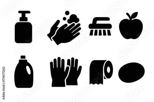Essential hygiene icons soap, handwashing, cleaning, apple, gloves, toilet paper, sponge