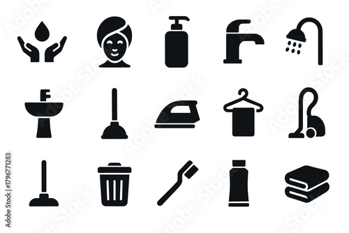 Essential bathroom and cleaning icons set simple black silhouette design