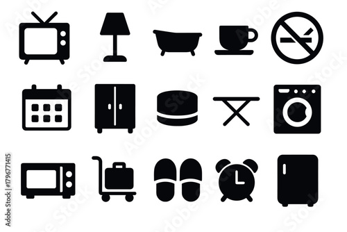 Silhouette icons of household items and appliances for modern living