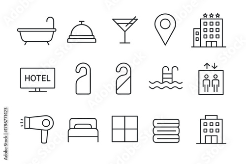 Hotel and hospitality icons in simple line style for modern designs