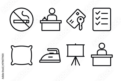 Hotel icons checkin desk, no smoking, amenities, checklist, ironing, presentation