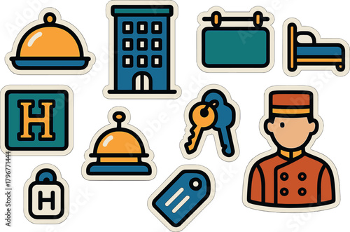 Hotel icons collection with bellhop and amenities in modern flat design