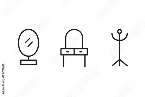 Minimalist furniture icons featuring mirror, vanity, and coat rack