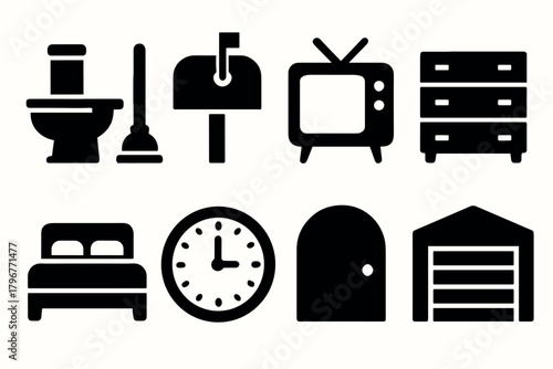 Silhouette icons of household objects toilet, tv, bed, clock, door, garage