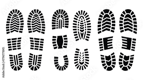 Collection of diverse black shoe sole prints and boot footprints in various tread patterns, indicating walking, movement, and tracking illustration