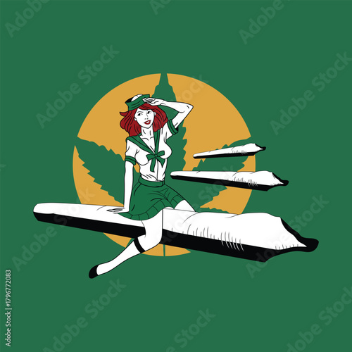 Surreal Illustration of a Lady Air Hostess Sitting on a Cigar