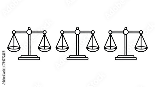 Three identical line art weighing scales, symbolizing justice, law, balance, equality, ethics, equity, measurement, and pivotal decision making.
